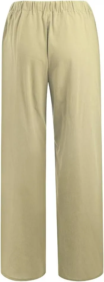 2024 Women's Summer Linen Pants Solid Wide Leg Beach Pants Drawstring Waist Loose Trouser Cotton Linen Yoga Palazzo Pants