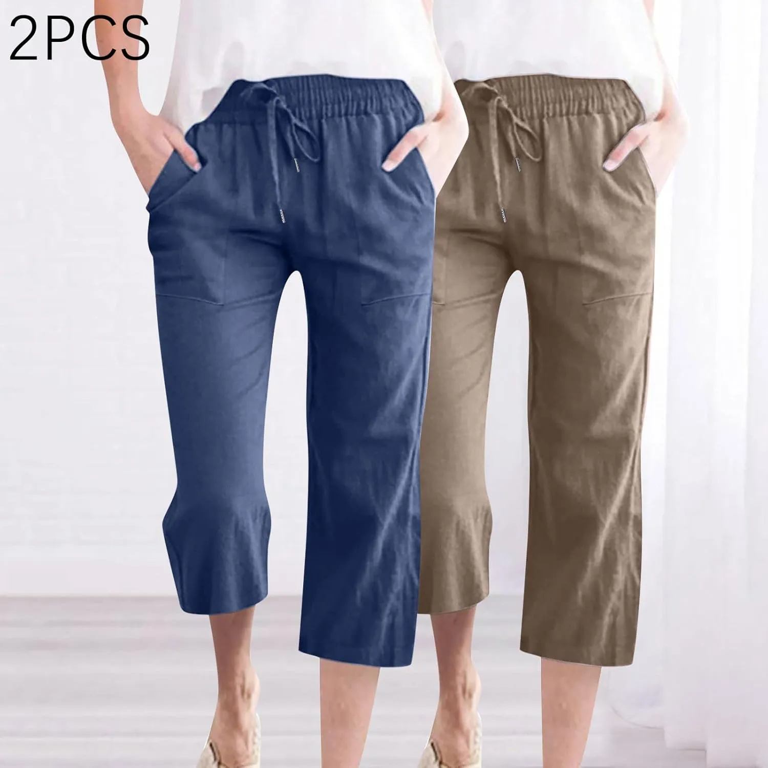2025 2PC Women's Linen Capri Pants - Solid Drawstring Waist Wide Leg Casual Cropped Trousers with Pockets, Loose Fit