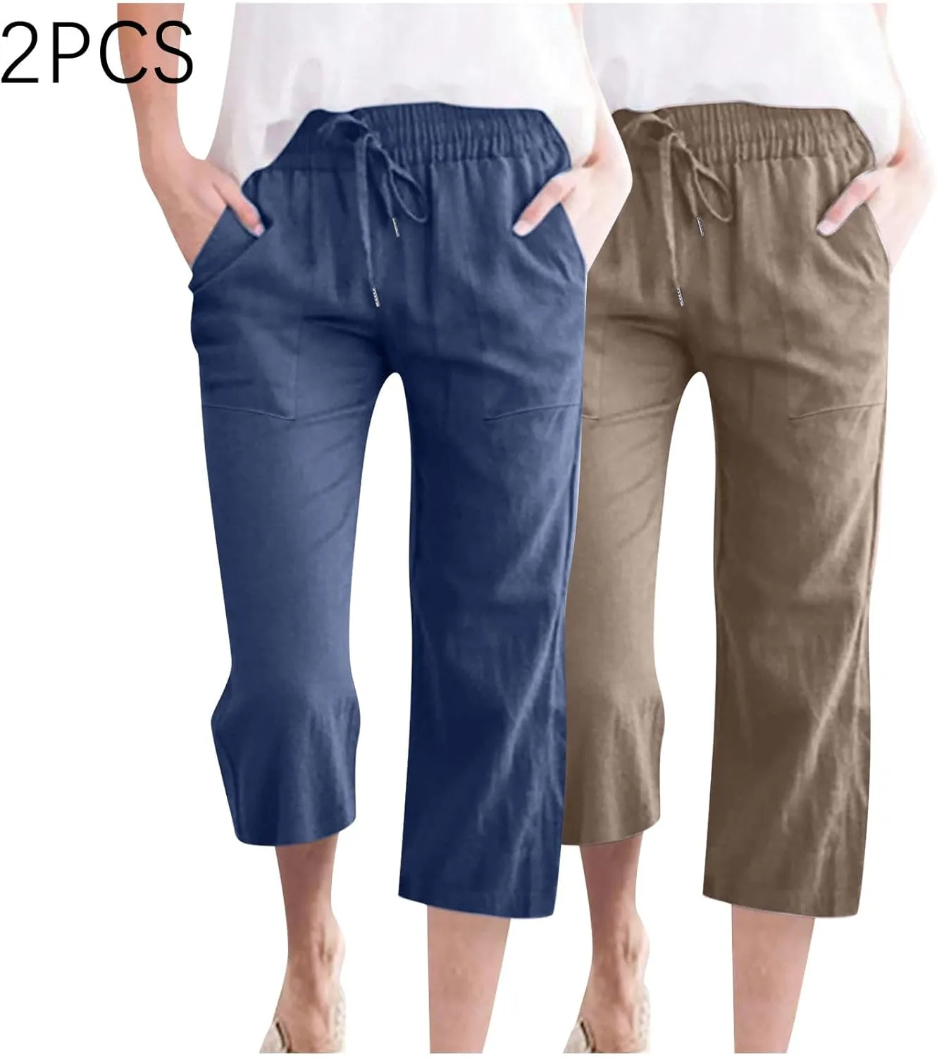 2025 2PC Women's Linen Capri Pants - Solid Drawstring Waist Wide Leg Casual Cropped Trousers with Pockets, Loose Fit