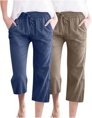 2025 2PC Women's Linen Capri Pants - Solid Drawstring Waist Wide Leg Casual Cropped Trousers with Pockets, Loose Fit