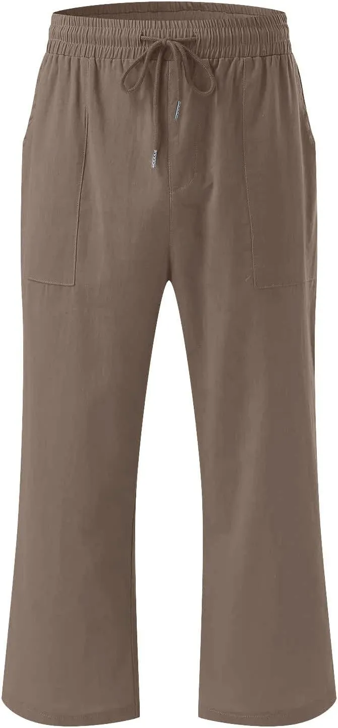 2025 2PC Women's Linen Capri Pants - Solid Drawstring Waist Wide Leg Casual Cropped Trousers with Pockets, Loose Fit