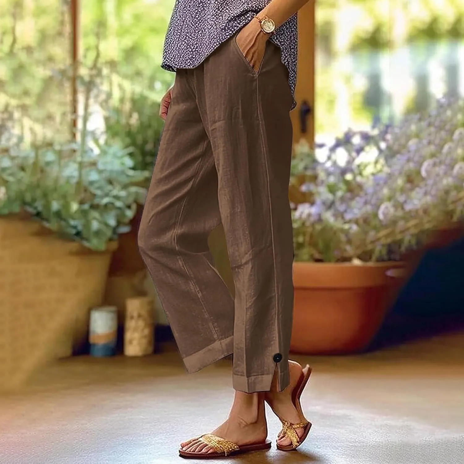 2025 Linen Pants Women Summer Casual Wide Leg Pants for Women High Waisted Comfy Loose Trousers with Pockets