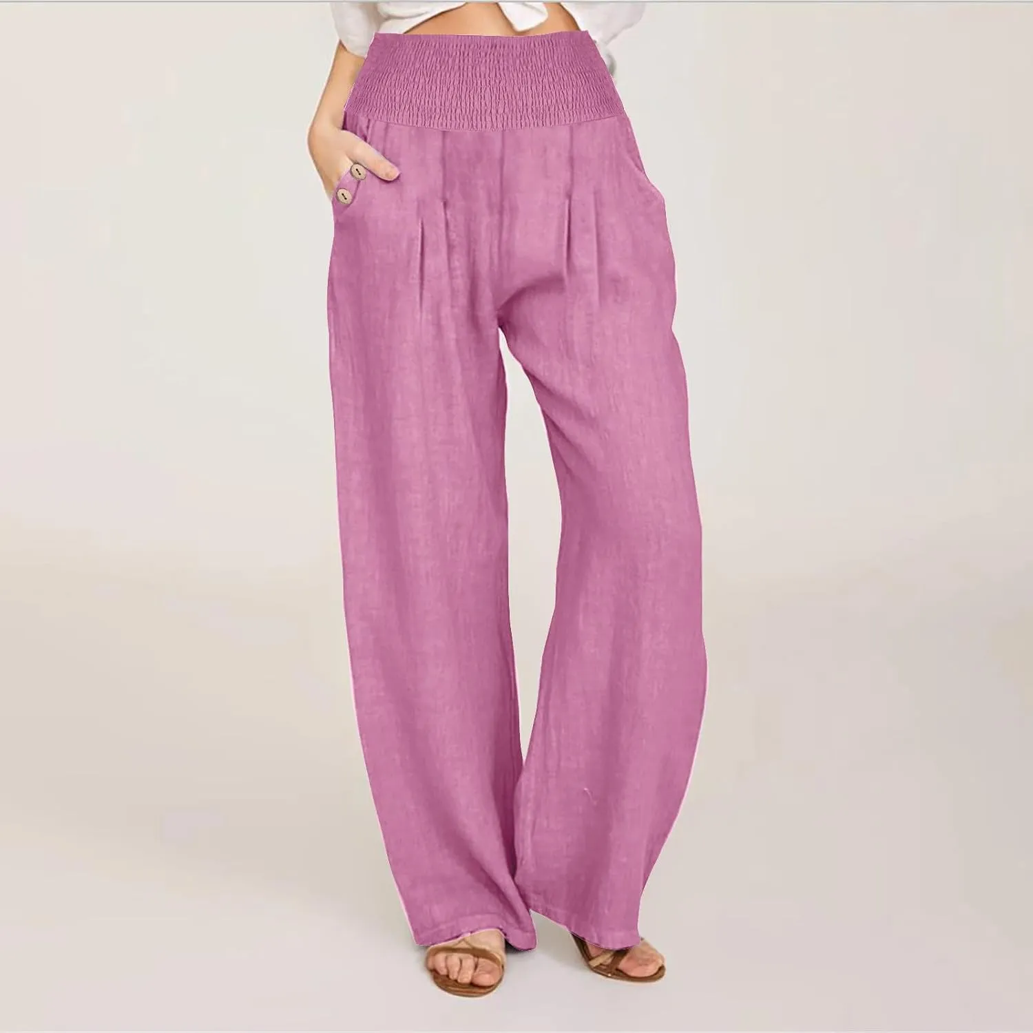 2025 Women Cotton Linen Smocked High Waist Pants Solid Wide Leg Long Pant Casual Lounge Trousers with Pockets