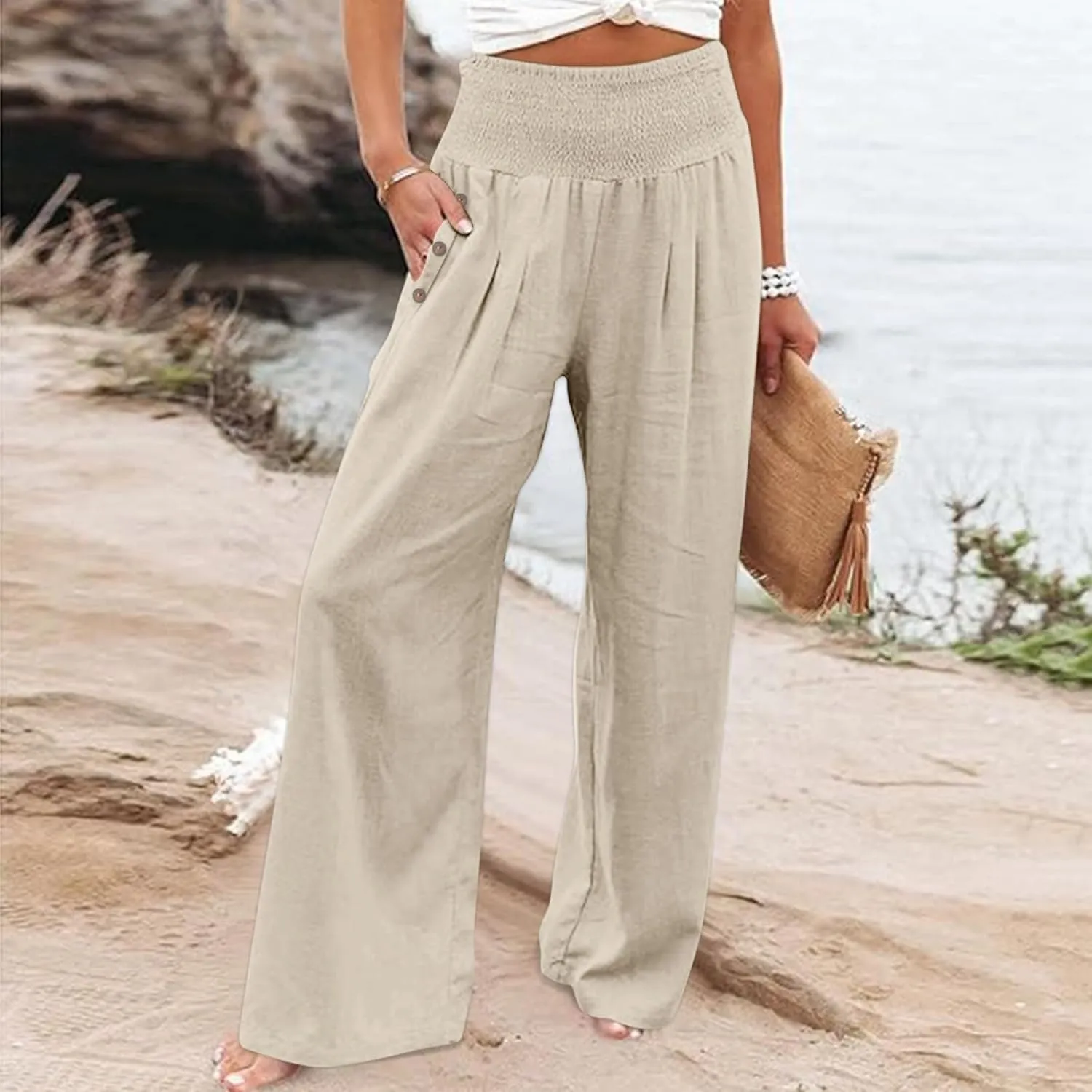 2025 Women Cotton Linen Smocked High Waist Pants Solid Wide Leg Long Pant Casual Lounge Trousers with Pockets