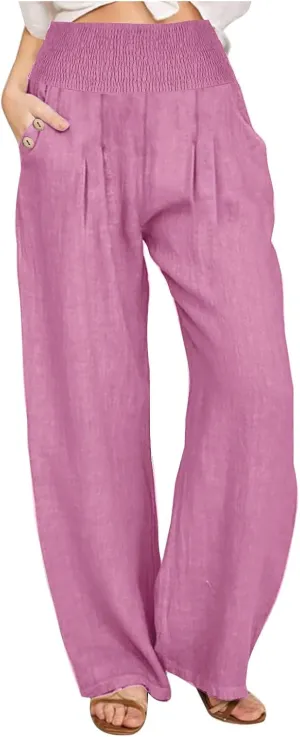 2025 Women Cotton Linen Smocked High Waist Pants Solid Wide Leg Long Pant Casual Lounge Trousers with Pockets