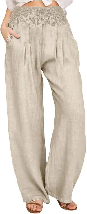 2025 Women Cotton Linen Smocked High Waist Pants Solid Wide Leg Long Pant Casual Lounge Trousers with Pockets