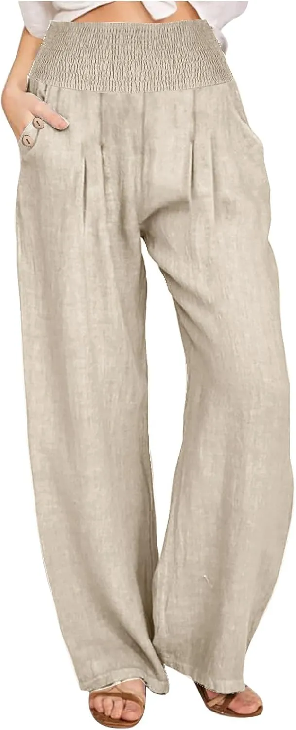 2025 Women Cotton Linen Smocked High Waist Pants Solid Wide Leg Long Pant Casual Lounge Trousers with Pockets