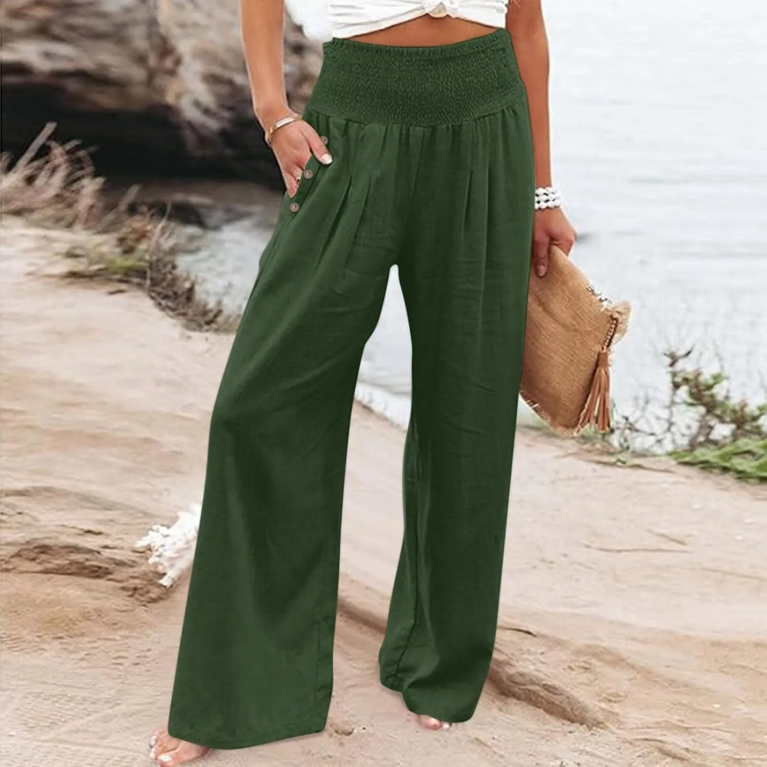 2025 Women Cotton Linen Smocked High Waist Pants Solid Wide Leg Long Pant Casual Lounge Trousers with Pockets