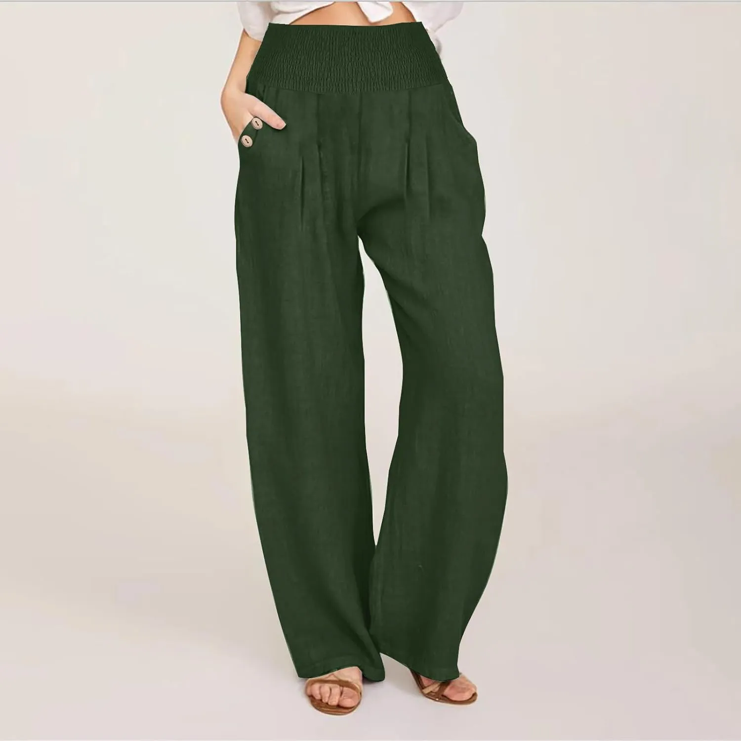 2025 Women Cotton Linen Smocked High Waist Pants Solid Wide Leg Long Pant Casual Lounge Trousers with Pockets