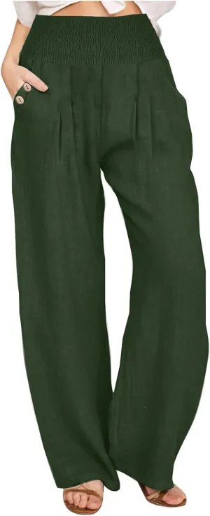 2025 Women Cotton Linen Smocked High Waist Pants Solid Wide Leg Long Pant Casual Lounge Trousers with Pockets