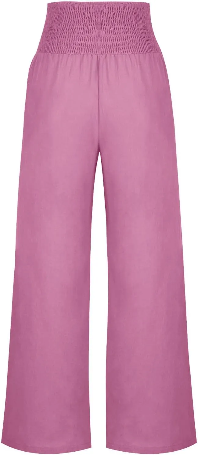 2025 Women Cotton Linen Smocked High Waist Pants Solid Wide Leg Long Pant Casual Lounge Trousers with Pockets