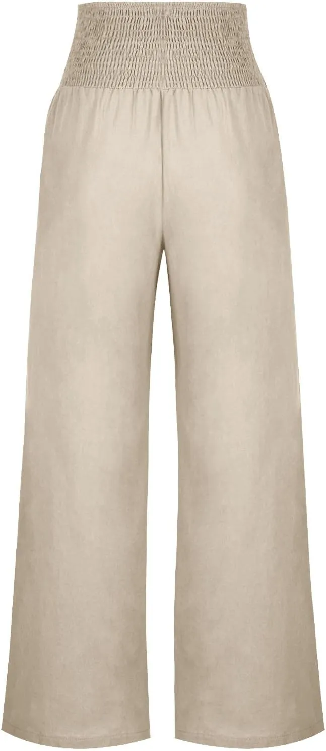 2025 Women Cotton Linen Smocked High Waist Pants Solid Wide Leg Long Pant Casual Lounge Trousers with Pockets