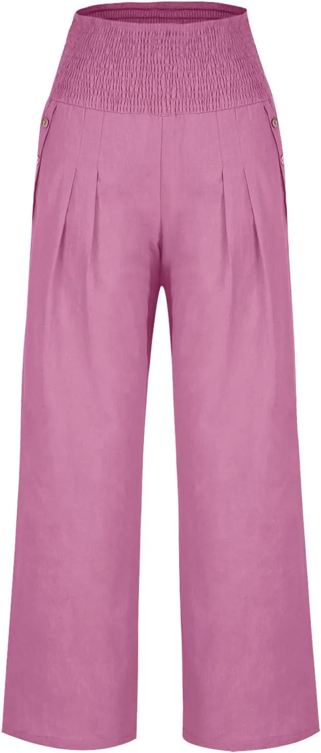 2025 Women Cotton Linen Smocked High Waist Pants Solid Wide Leg Long Pant Casual Lounge Trousers with Pockets