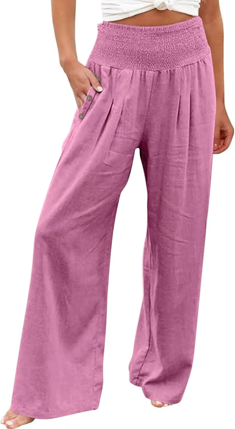 2025 Women Cotton Linen Smocked High Waist Pants Solid Wide Leg Long Pant Casual Lounge Trousers with Pockets