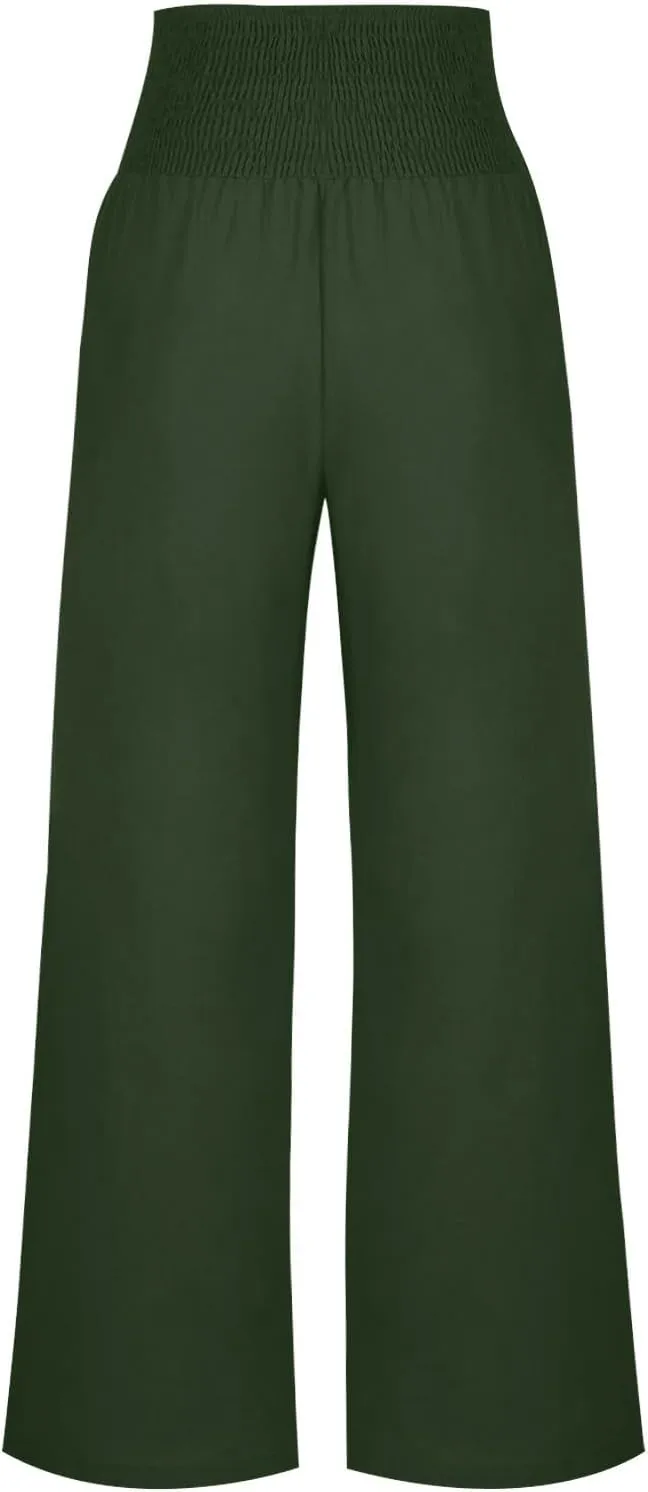 2025 Women Cotton Linen Smocked High Waist Pants Solid Wide Leg Long Pant Casual Lounge Trousers with Pockets