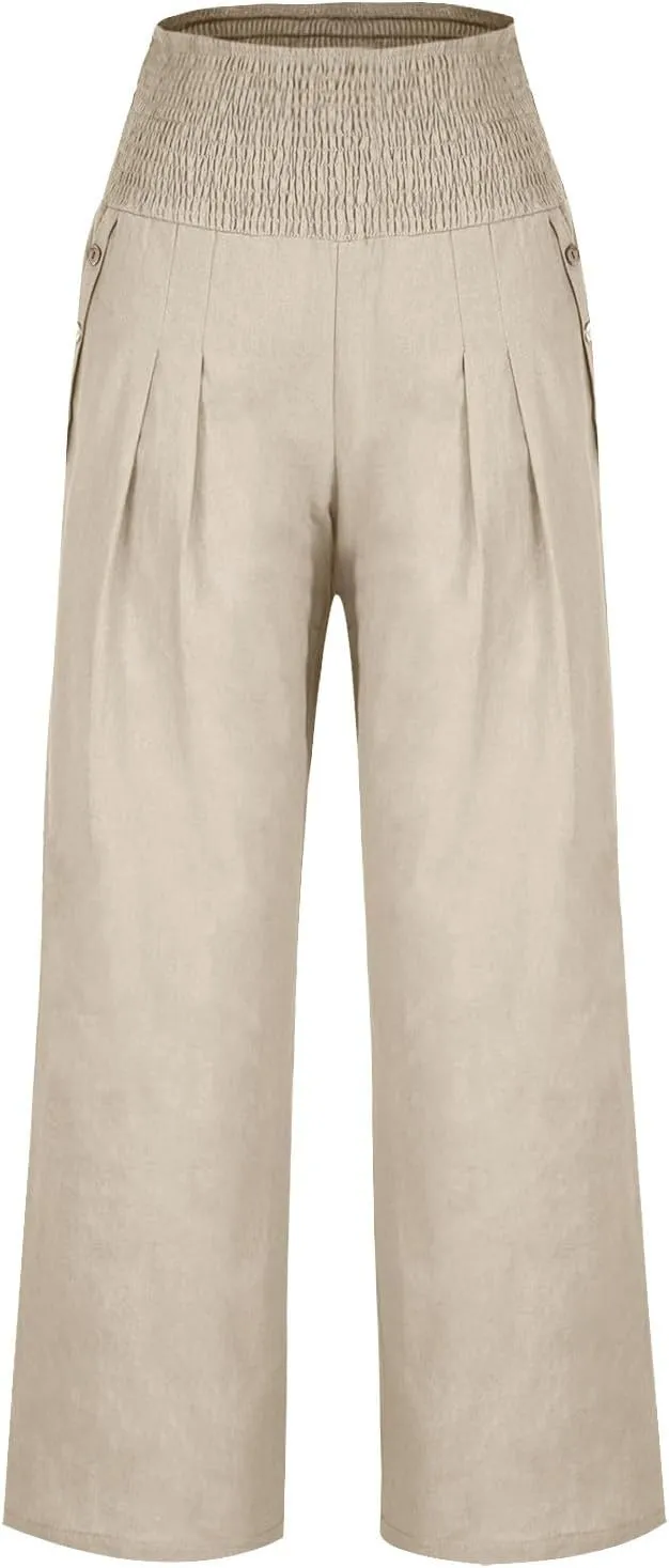 2025 Women Cotton Linen Smocked High Waist Pants Solid Wide Leg Long Pant Casual Lounge Trousers with Pockets