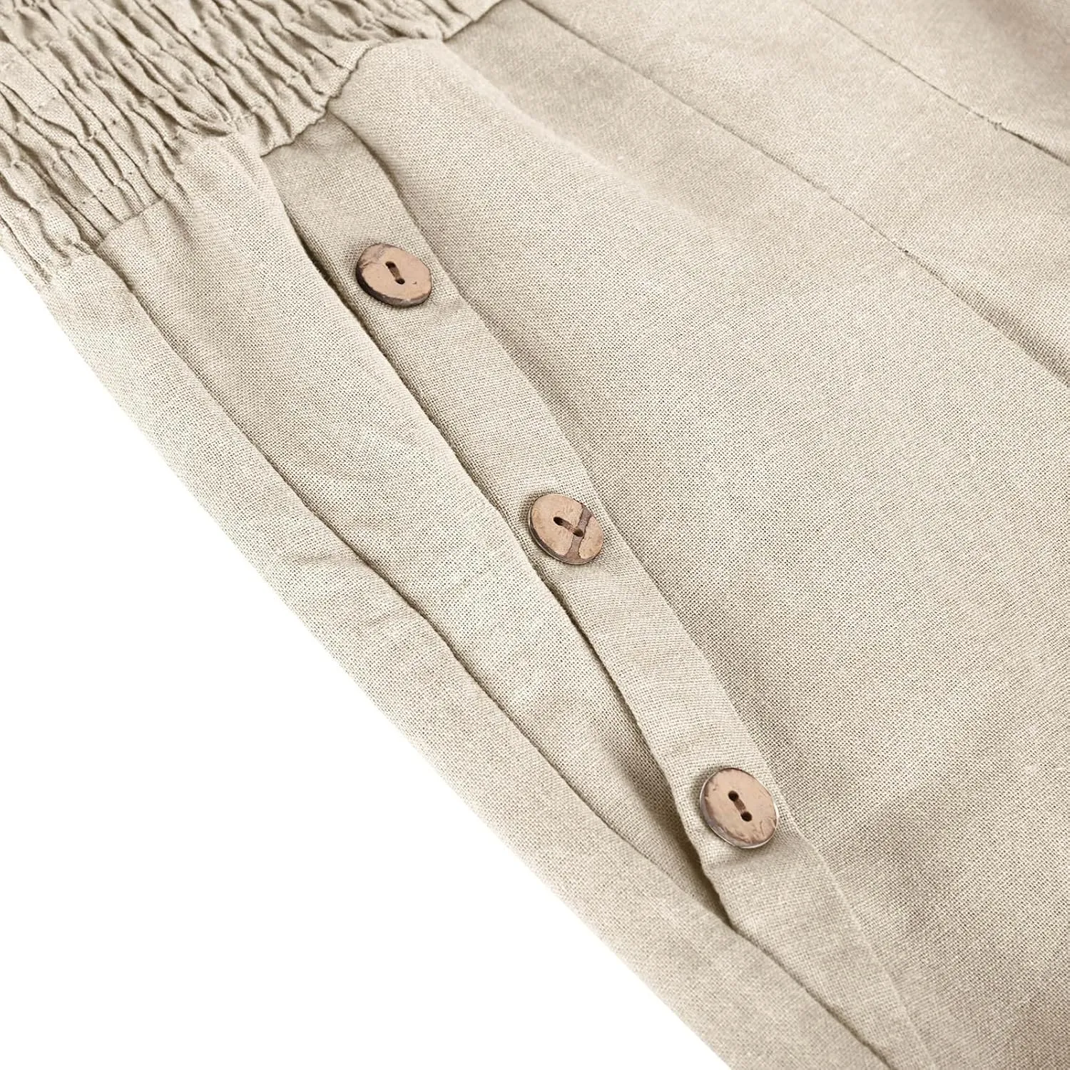 2025 Women Cotton Linen Smocked High Waist Pants Solid Wide Leg Long Pant Casual Lounge Trousers with Pockets