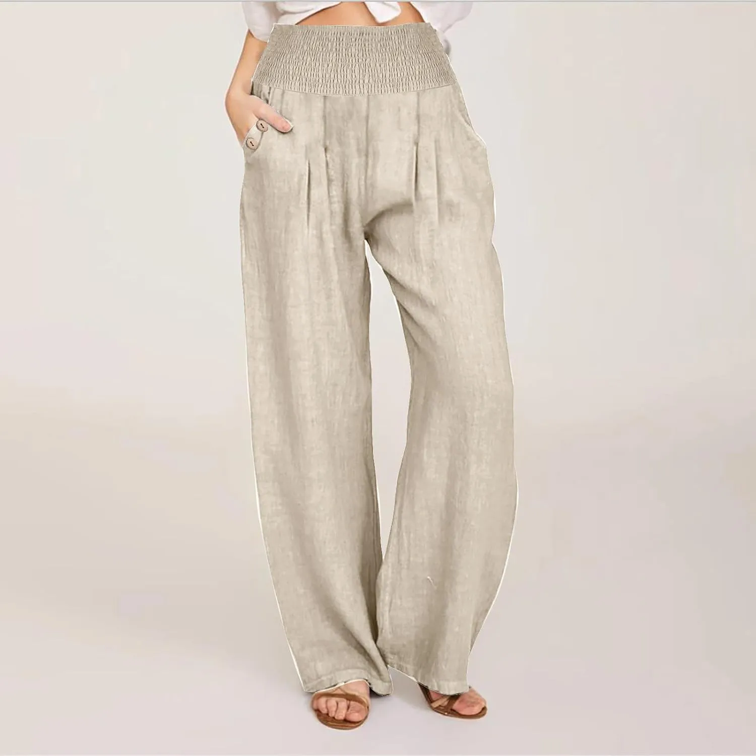 2025 Women Cotton Linen Smocked High Waist Pants Solid Wide Leg Long Pant Casual Lounge Trousers with Pockets