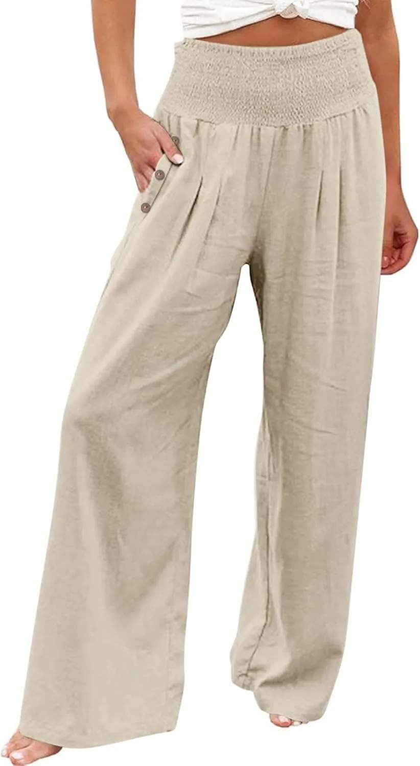 2025 Women Cotton Linen Smocked High Waist Pants Solid Wide Leg Long Pant Casual Lounge Trousers with Pockets