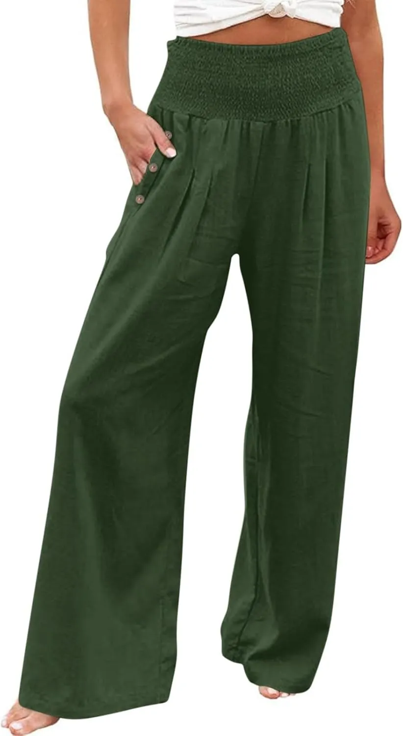 2025 Women Cotton Linen Smocked High Waist Pants Solid Wide Leg Long Pant Casual Lounge Trousers with Pockets