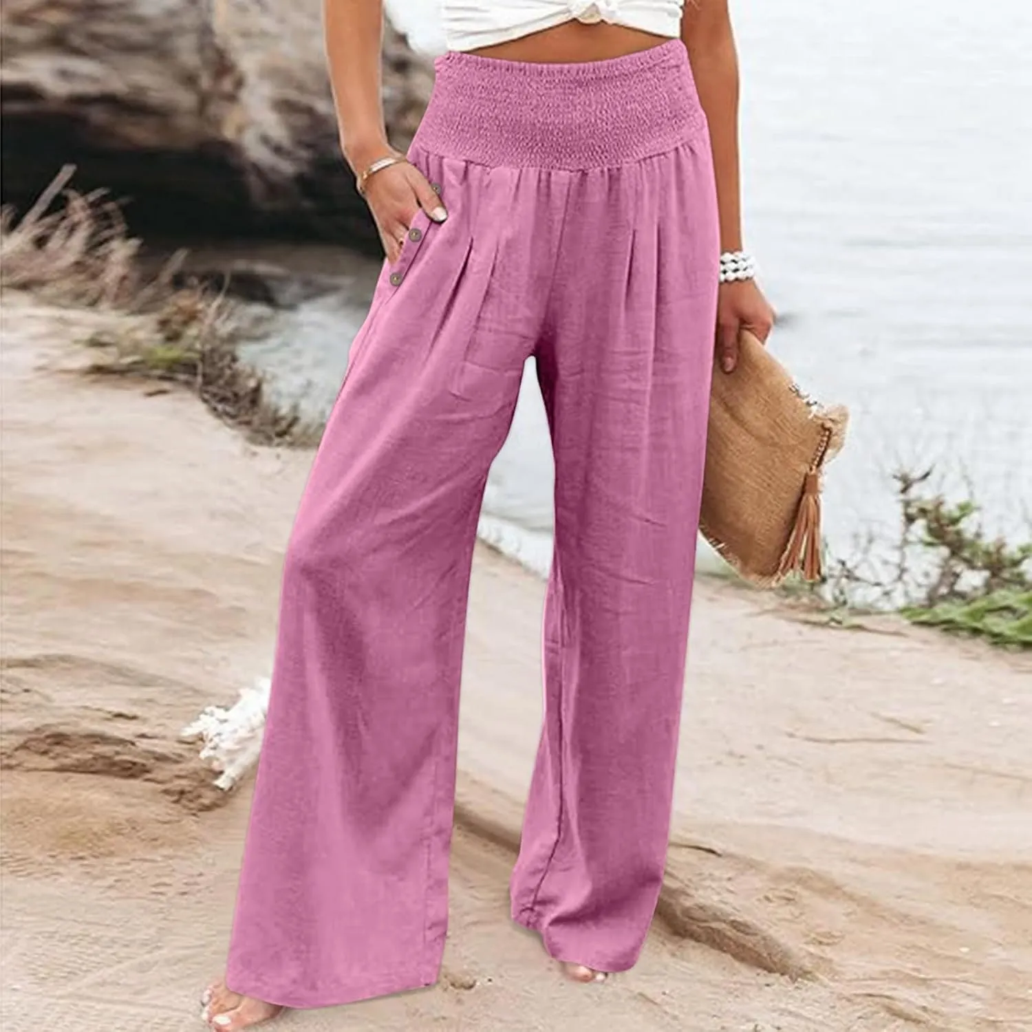 2025 Women Cotton Linen Smocked High Waist Pants Solid Wide Leg Long Pant Casual Lounge Trousers with Pockets