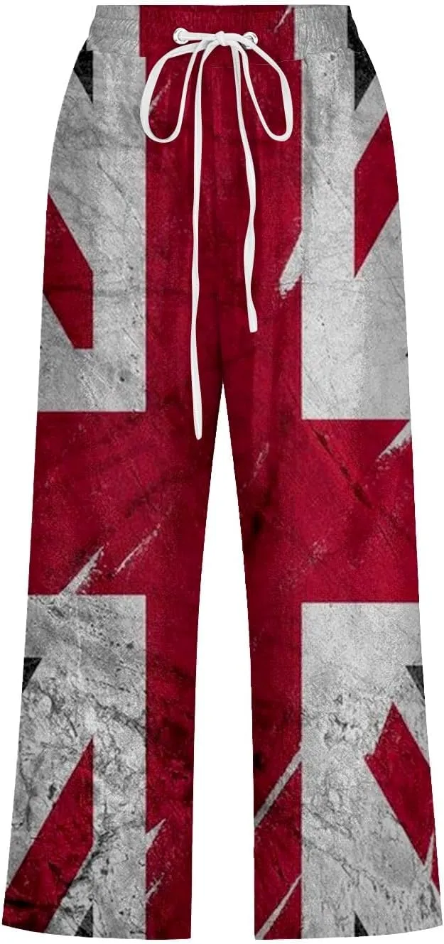 4th of July Linen Capri Pants for Women American Flag Casual Summer Capris Drawstring High Waist Cropped Trousers