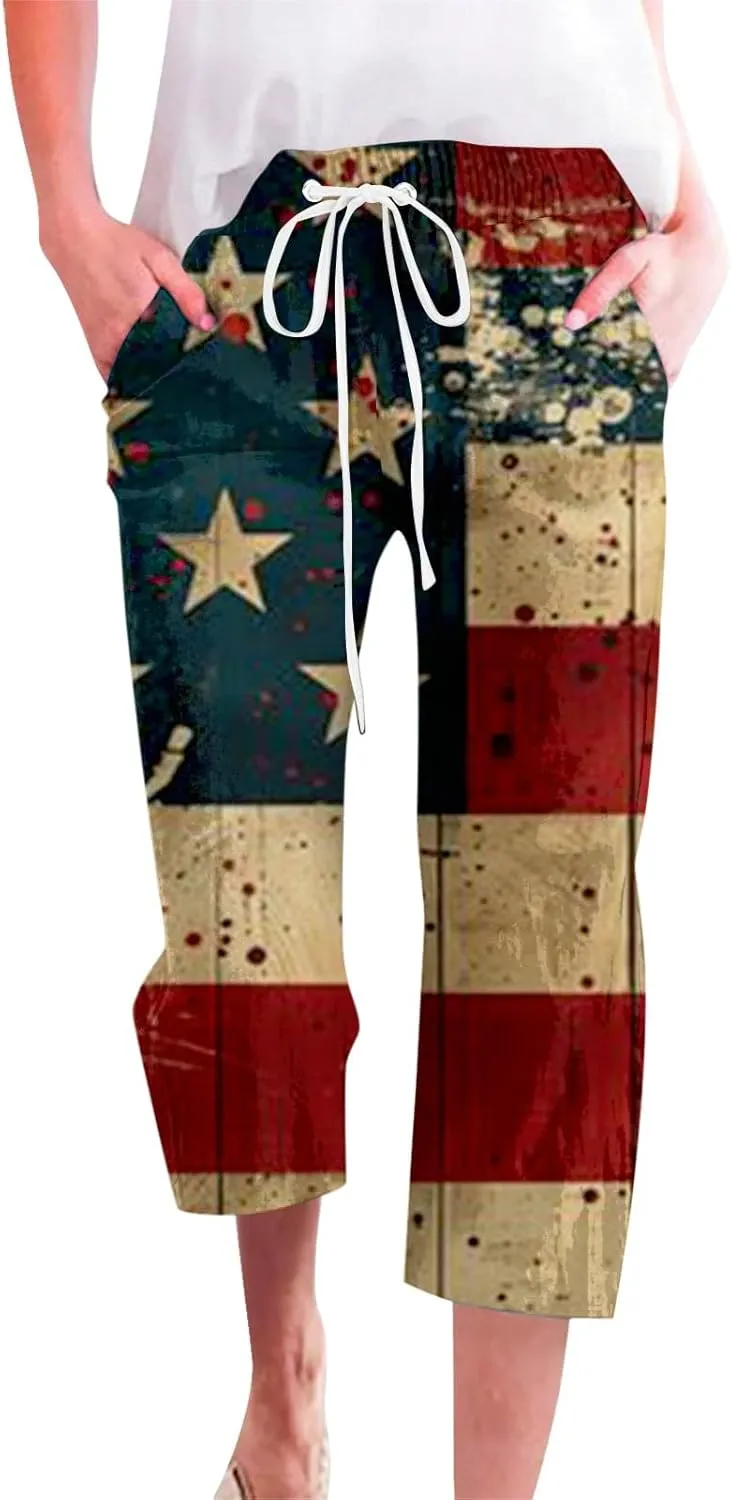 4th of July Linen Capri Pants for Women American Flag Casual Summer Capris Drawstring High Waist Cropped Trousers