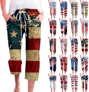 4th of July Linen Capri Pants for Women American Flag Casual Summer Capris Drawstring High Waist Cropped Trousers