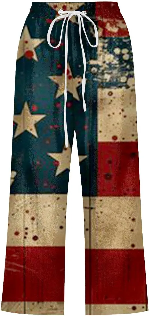 4th of July Linen Capri Pants for Women American Flag Casual Summer Capris Drawstring High Waist Cropped Trousers
