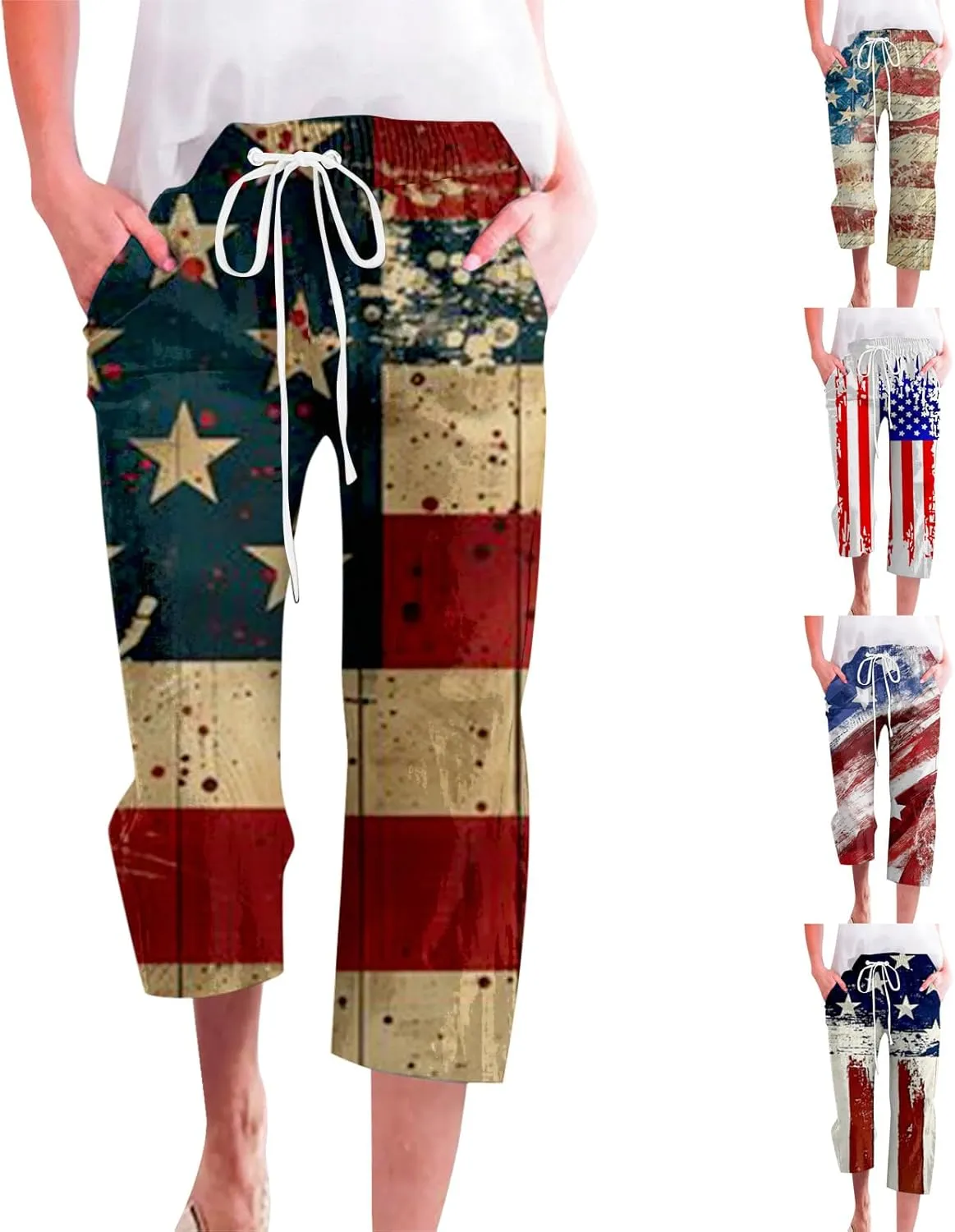 4th of July Linen Capri Pants for Women American Flag Casual Summer Capris Drawstring High Waist Cropped Trousers