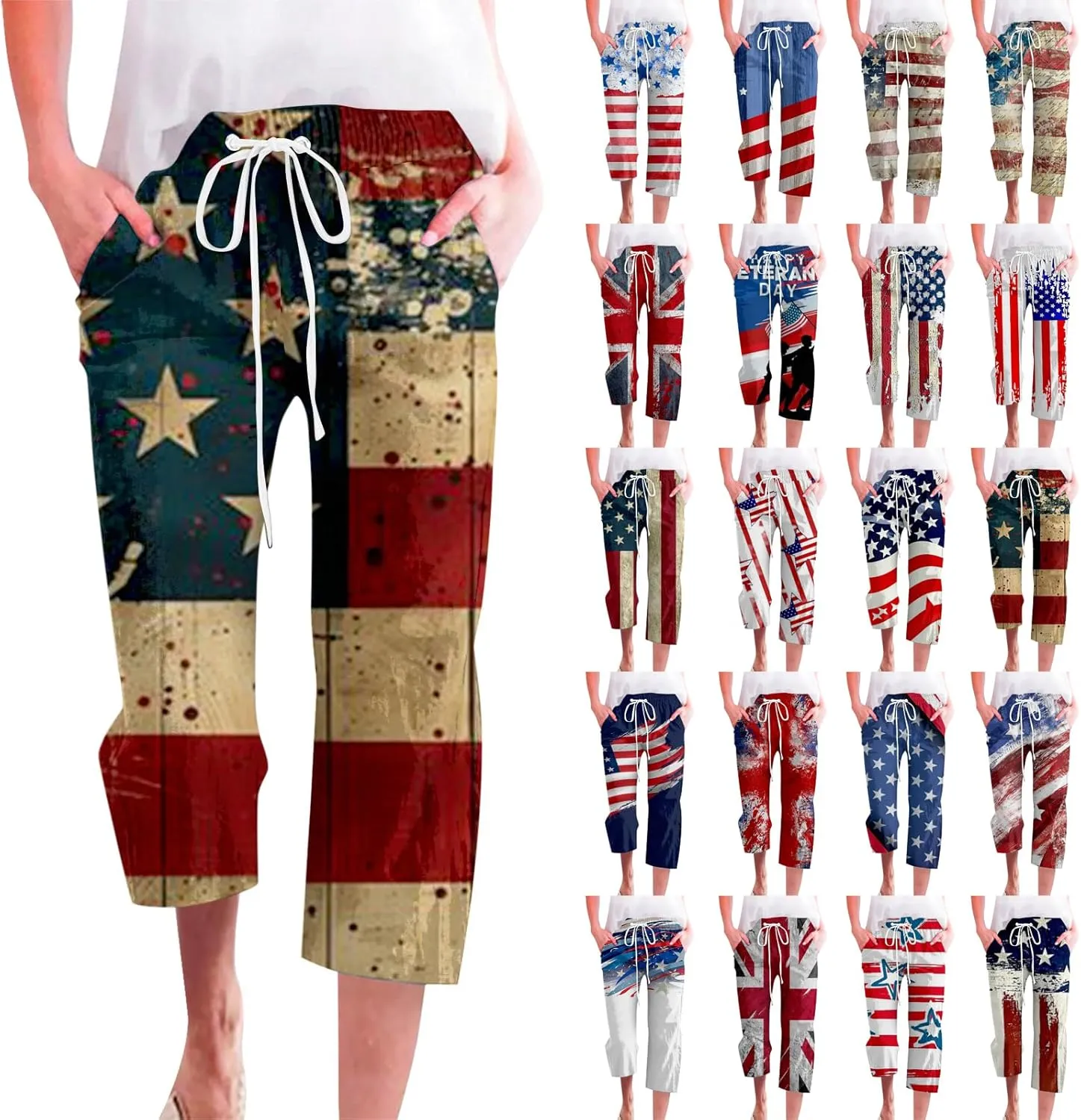 4th of July Linen Capri Pants for Women American Flag Casual Summer Capris Drawstring High Waist Cropped Trousers