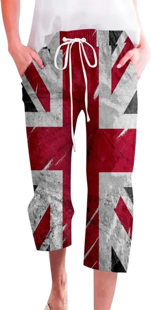 4th of July Linen Capri Pants for Women American Flag Casual Summer Capris Drawstring High Waist Cropped Trousers