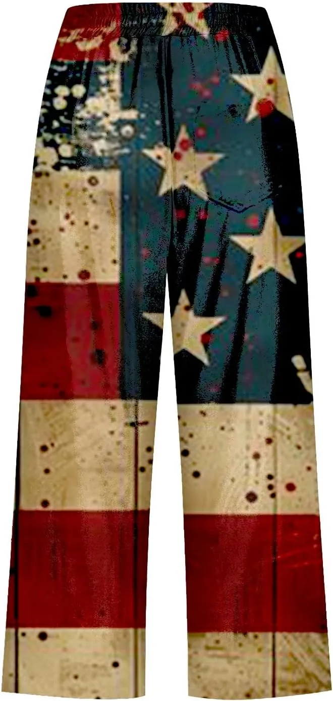 4th of July Linen Capri Pants for Women American Flag Casual Summer Capris Drawstring High Waist Cropped Trousers