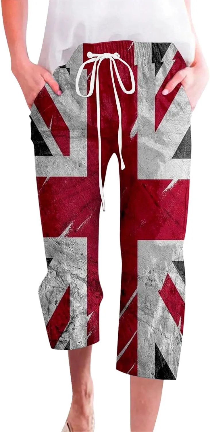 4th of July Linen Capri Pants for Women American Flag Casual Summer Capris Drawstring High Waist Cropped Trousers