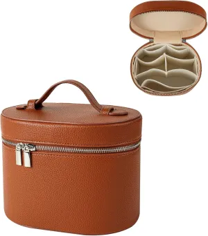 Aesthetic Makeup Bag, Travel Makeup Vanity Case with Divider and Handle, Waterproof PU Leather Cosmetic Organizer Bag, Portable Toiletry Bag for Women(01Brown)