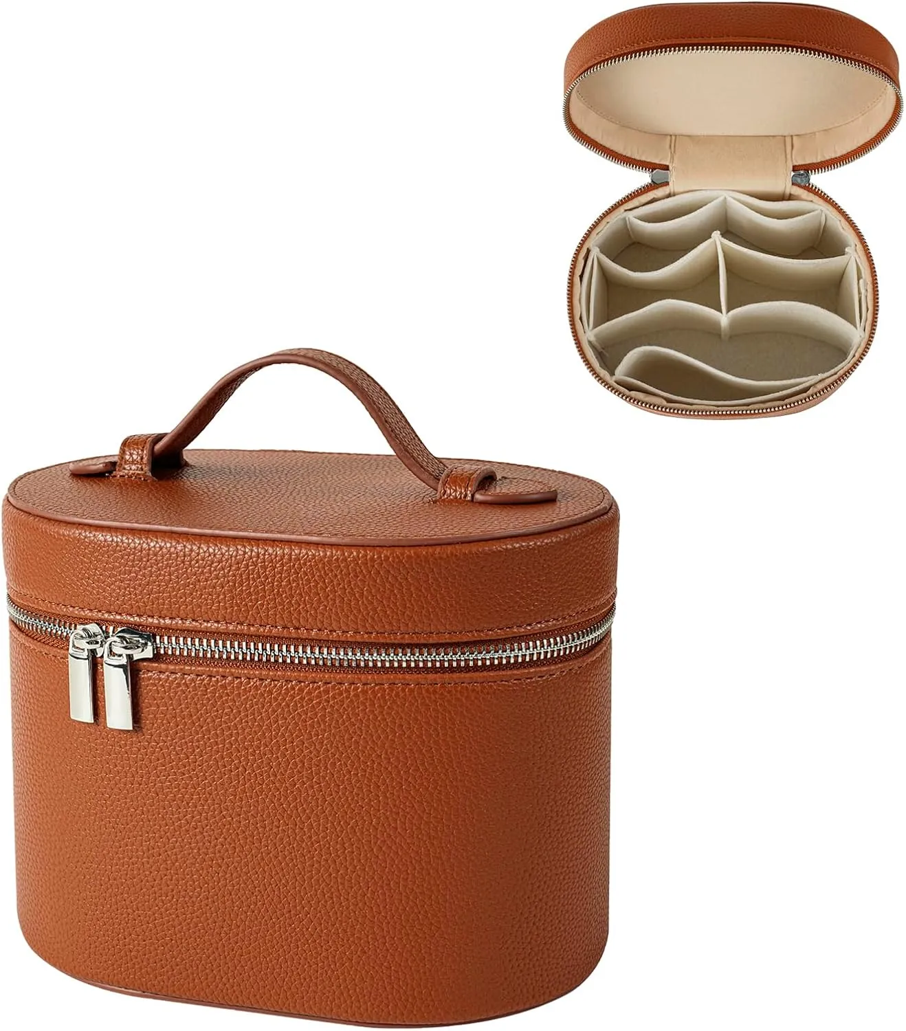 Aesthetic Makeup Bag, Travel Makeup Vanity Case with Divider and Handle, Waterproof PU Leather Cosmetic Organizer Bag, Portable Toiletry Bag for Women(01Brown)