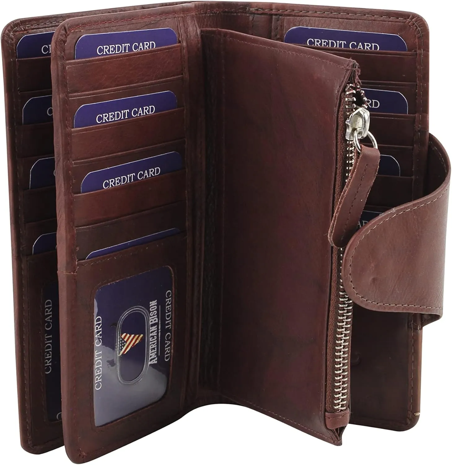 American Bison RFID Safe Clutch Purse for Women  Slim Leather Evening Bag  Secure Snap Closure Gift Wallet (Brown)