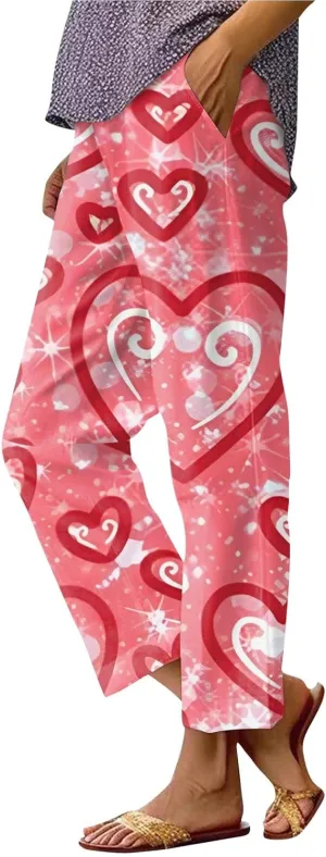 Ankle Linen Pants Women Fashion Valentine's Day Straight Leg Cropped Pants Elastic Waist Casual Lounge Trousers