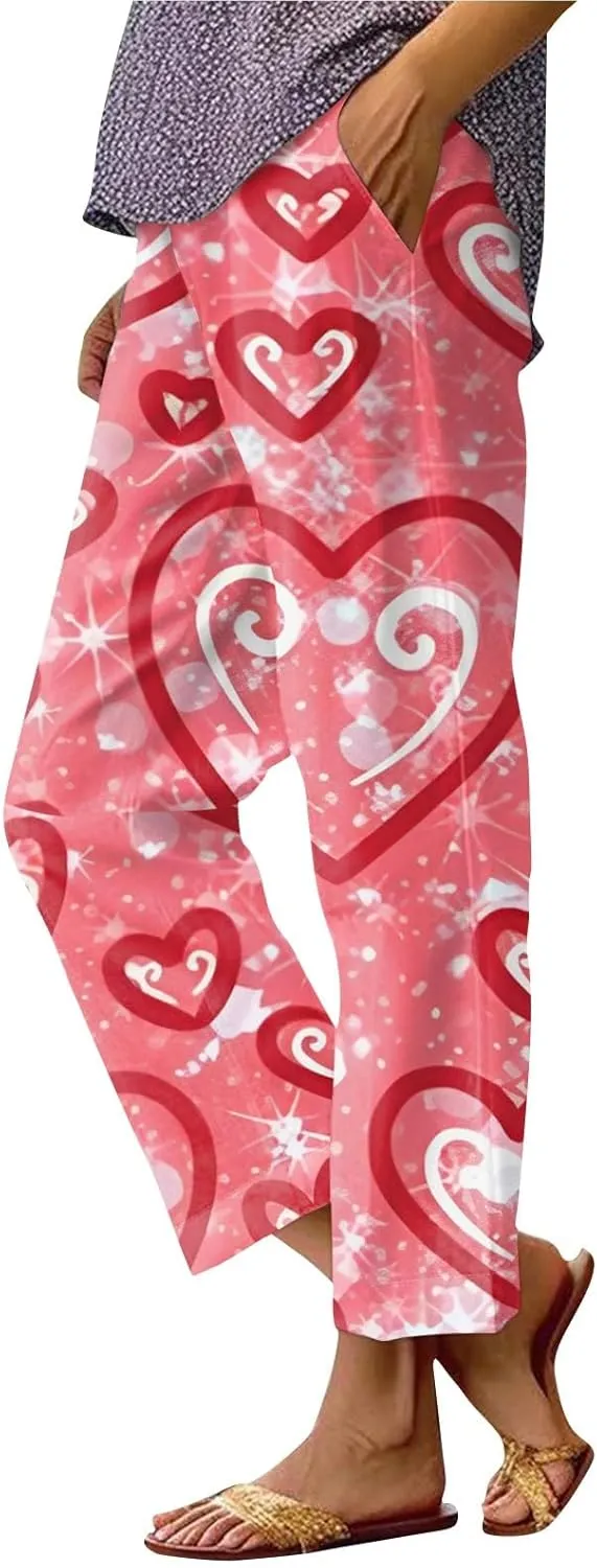 Ankle Linen Pants Women Fashion Valentine's Day Straight Leg Cropped Pants Elastic Waist Casual Lounge Trousers