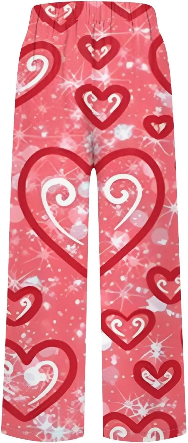 Ankle Linen Pants Women Fashion Valentine's Day Straight Leg Cropped Pants Elastic Waist Casual Lounge Trousers