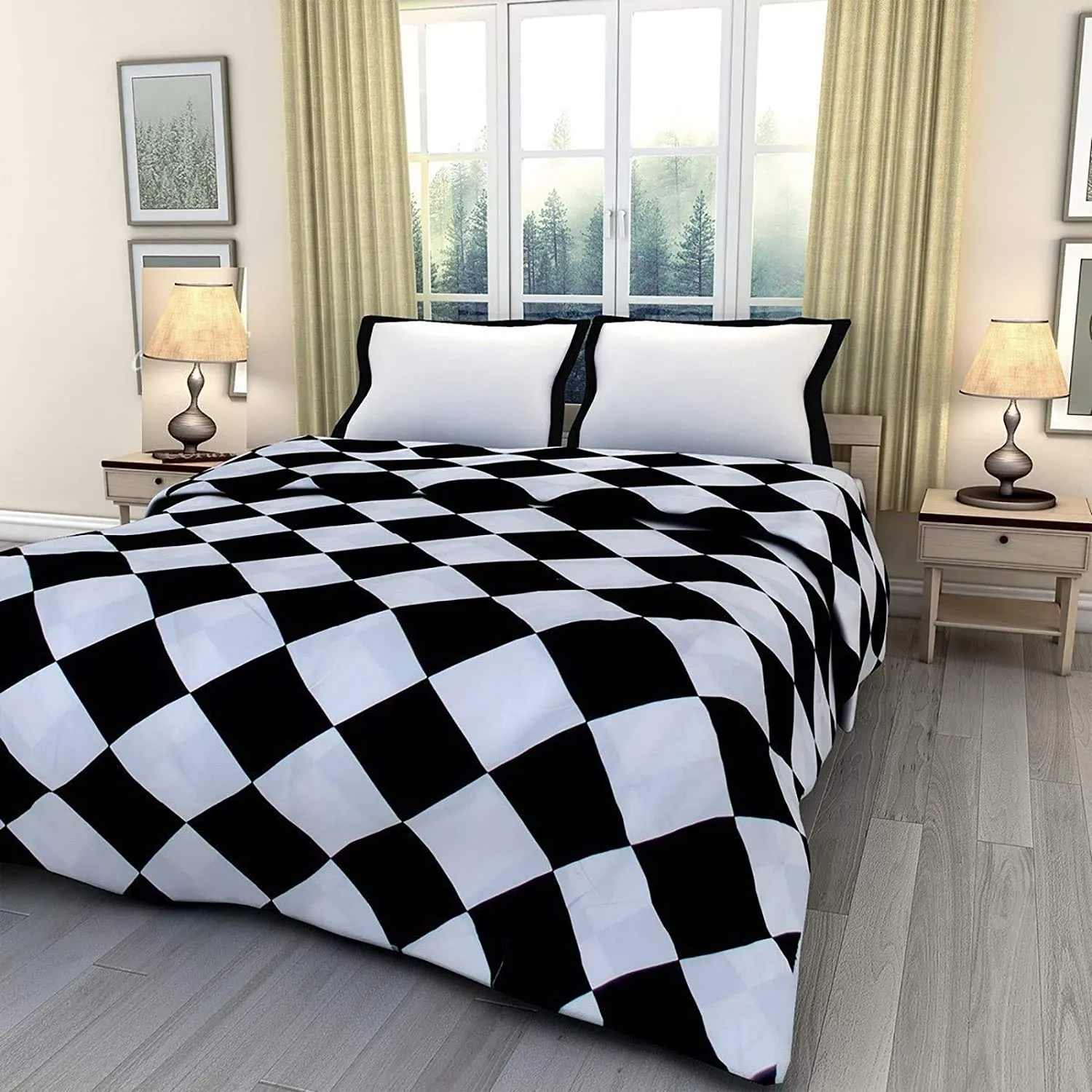 AQRATE Printed Poly Cotton Double Bed Reversible Dohar/AC Dohar/AC Blanket/Blanket (Black White Check, Double)