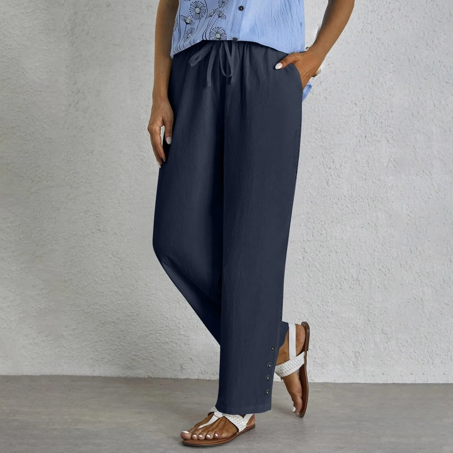 Baggy Linen Pants Women Summer Boho Lightweight High Waist Palazzo Pants Loose Comfy Straight Leg Pants Pockets