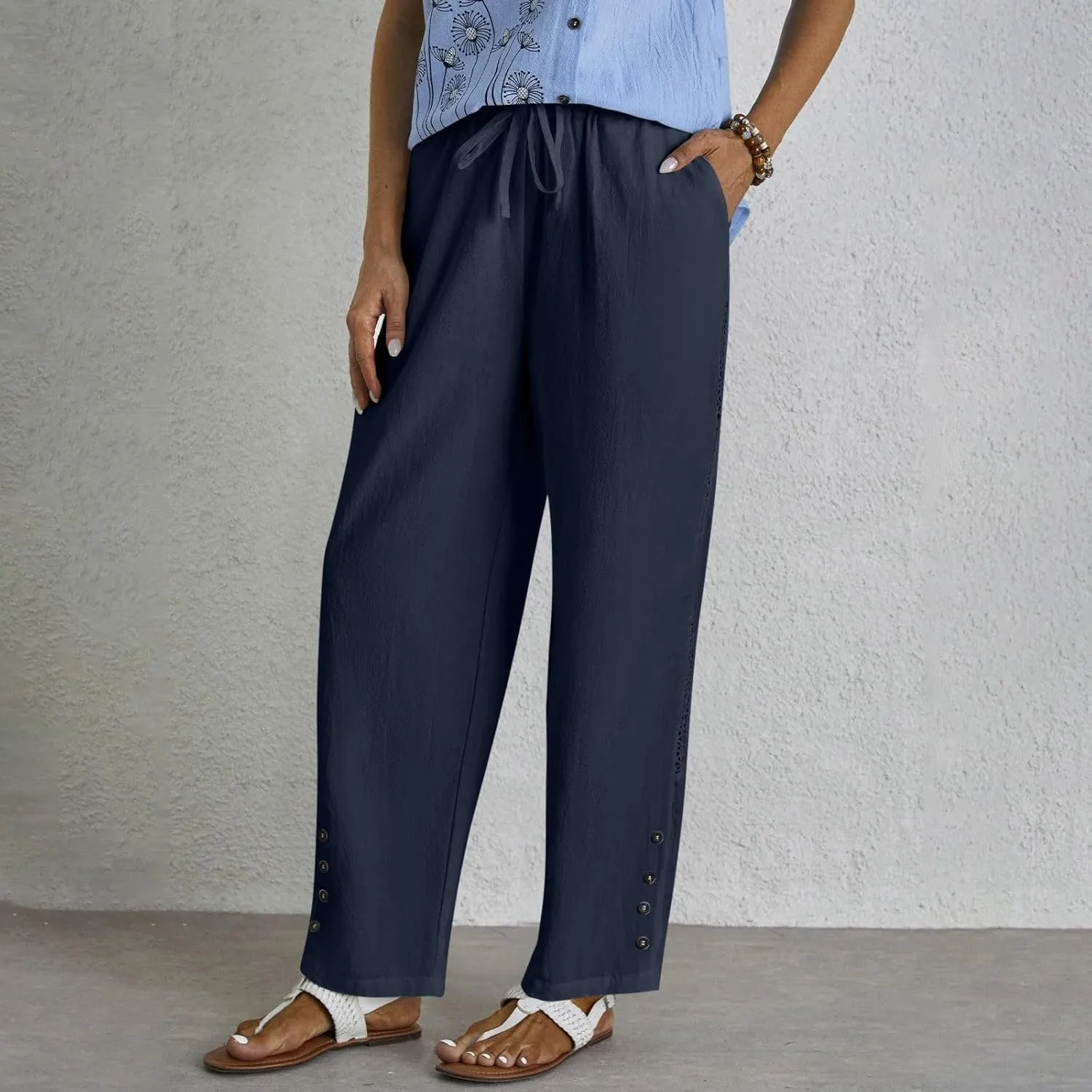 Baggy Linen Pants Women Summer Boho Lightweight High Waist Palazzo Pants Loose Comfy Straight Leg Pants Pockets