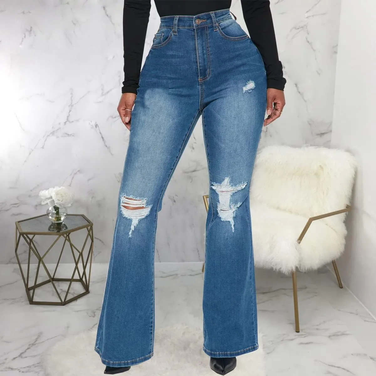 Bell Bottom Jeans for Women Ripped High Waisted Classic Flared Denim Pants