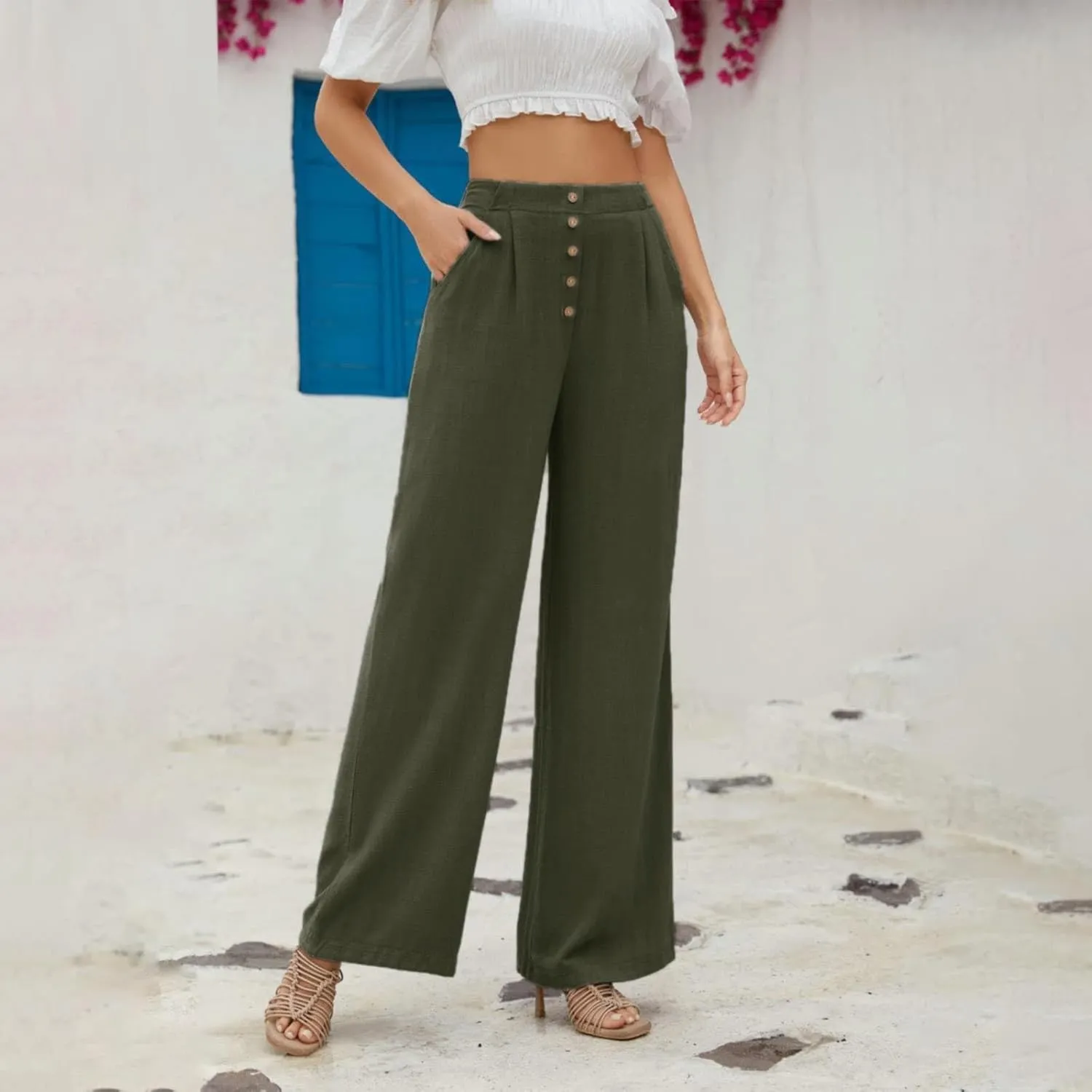 Boho Clothes for Women Buckle Pants with Elegant Pockets and Casual Wide Leg Fashion Plus Size Linen Pants for Women