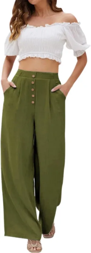 Boho Clothes for Women Buckle Pants with Elegant Pockets and Casual Wide Leg Fashion Plus Size Linen Pants for Women