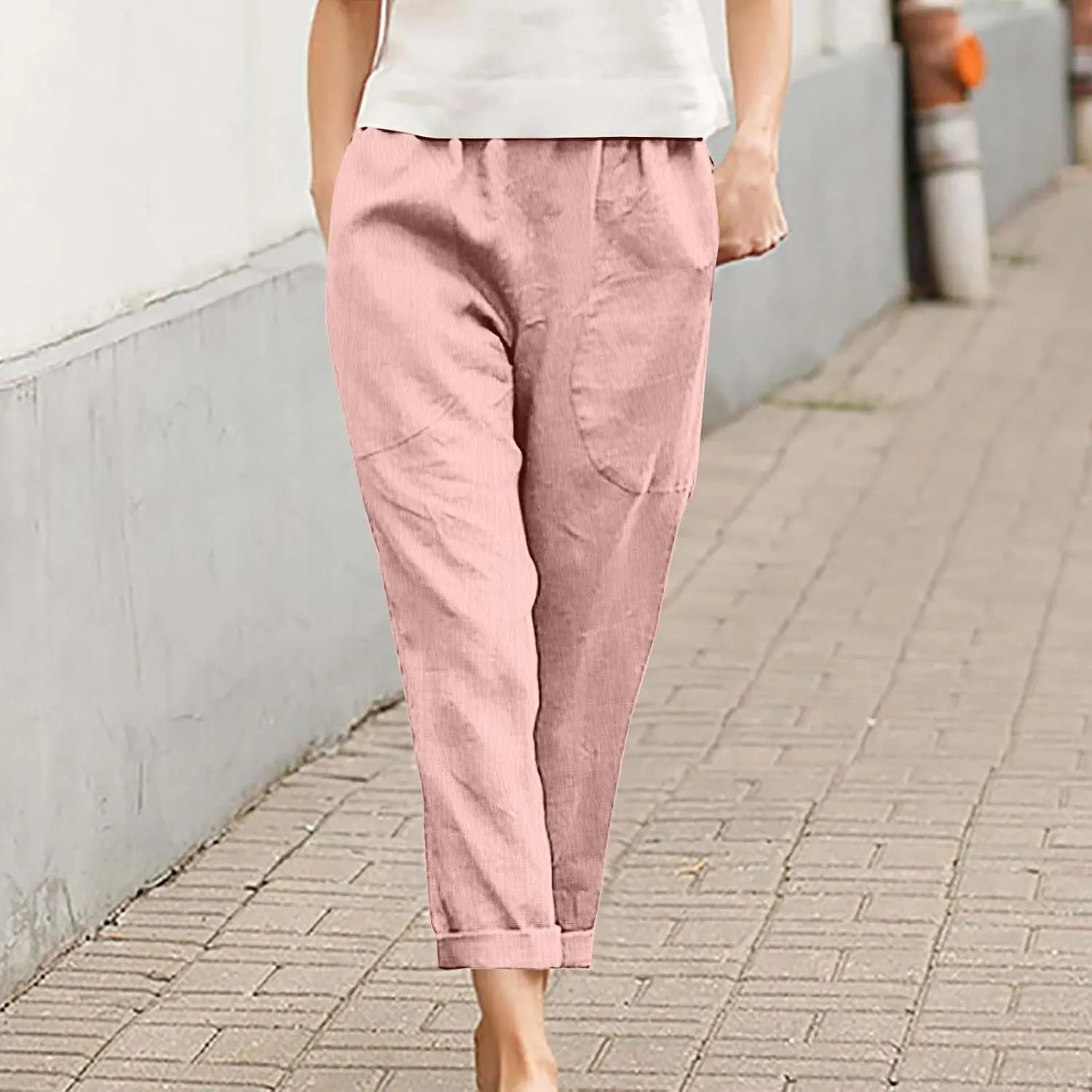 Borniu Womens Linen Pants with Pockets High Waist Comfy Solid Color Elastic Waist Pants Casual Lightweight Loose Trousers