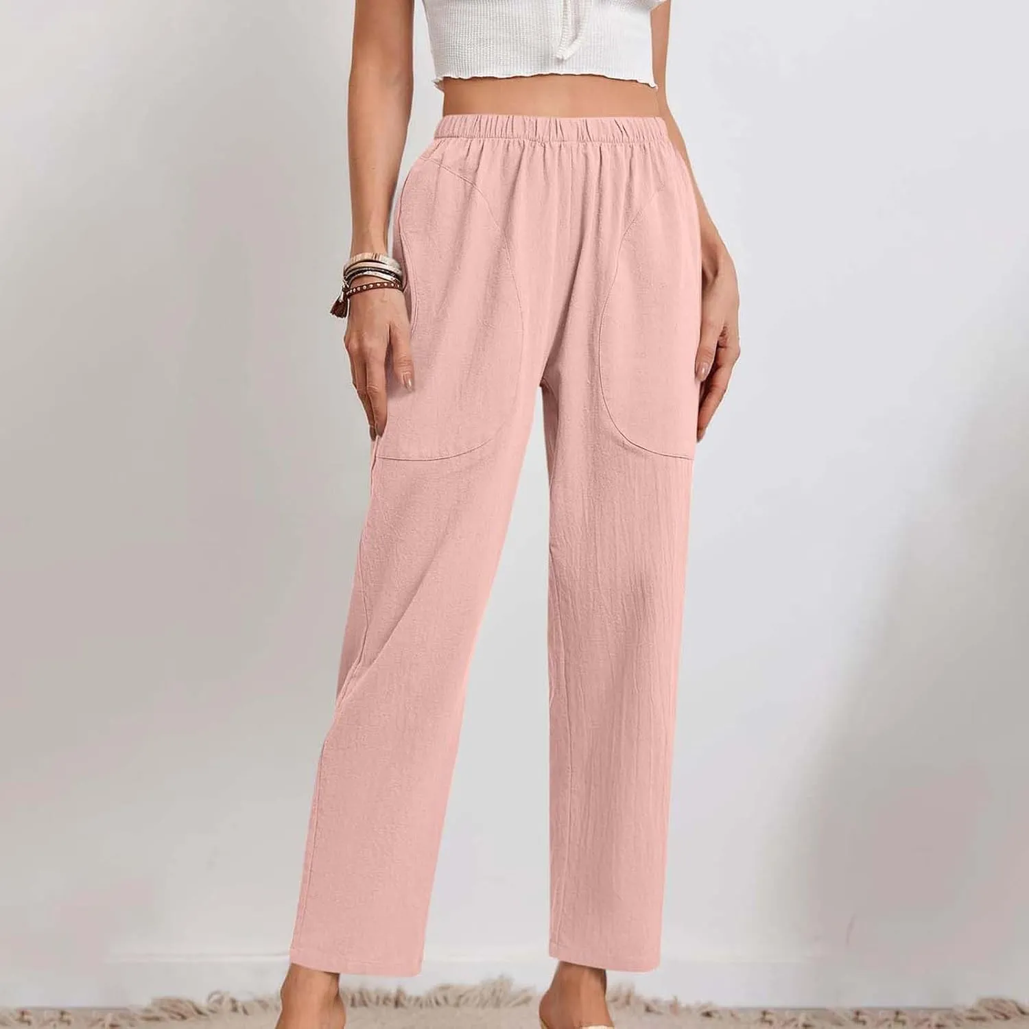 Borniu Womens Linen Pants with Pockets High Waist Comfy Solid Color Elastic Waist Pants Casual Lightweight Loose Trousers