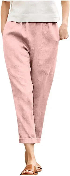 Borniu Womens Linen Pants with Pockets High Waist Comfy Solid Color Elastic Waist Pants Casual Lightweight Loose Trousers