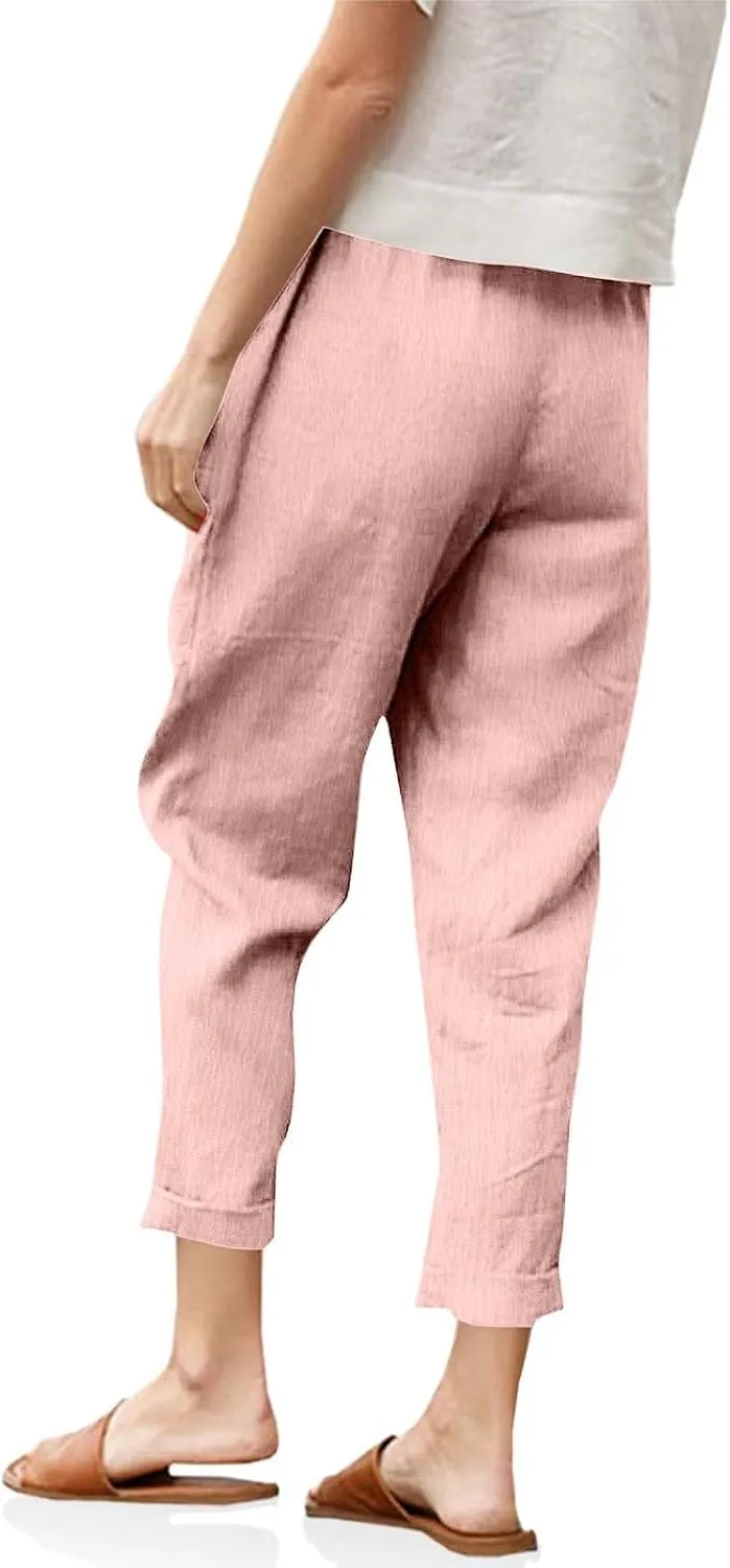 Borniu Womens Linen Pants with Pockets High Waist Comfy Solid Color Elastic Waist Pants Casual Lightweight Loose Trousers